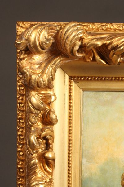 Oil on board painting of a beautiful gypsy girl in a Rococo style gilt frame,