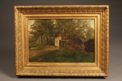 Late 19th century oil on canvas painting of a cottage in a forest