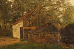 Late 19th century oil on canvas painting of a cottage in a forest