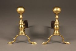 Late 19th century small brass English andirons with delicate feet