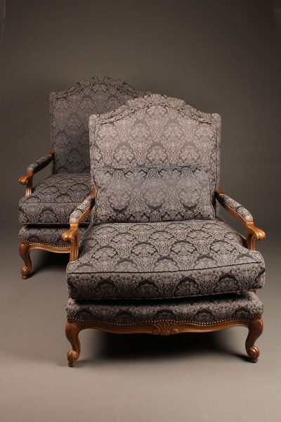 Nice pair of custom oversized arm chairs in the French Louis XV style.