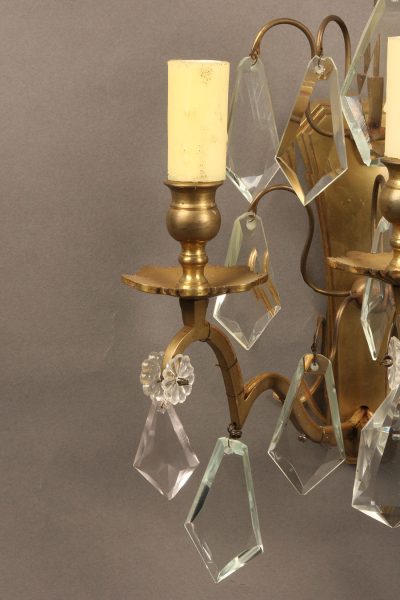 Pair of 3 arm bronze and crystal French sconces.