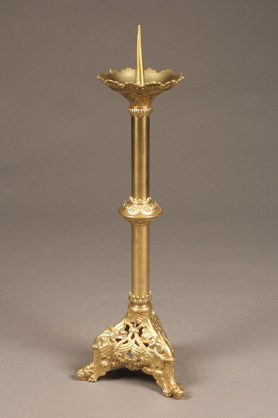 Antique French Gothic style church brass candelabra.