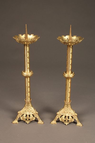 19th century French pair of Gothic styled brass candelabras