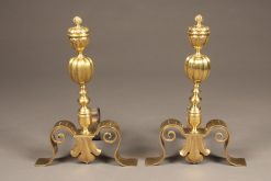 Beautiful pair of cast brass English andirons with fleur de lis