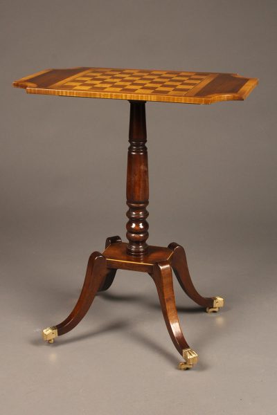 Custom English chess table with orate mixed woods on 4 leg pedestal