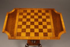 Custom English chess table with orate mixed woods on 4 leg pedestal