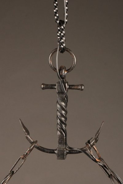 8 arm French iron chandelier in the shape of a Viking ship.