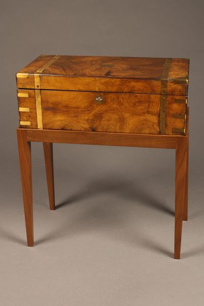 18th century English "lap desk" on custom stand in walnut complete with ink bottles