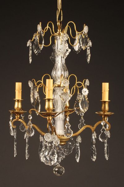 19th century French dorè bronze chandelier with crystals and 4 arms