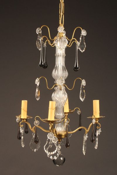 Late 19th century French 4 arm bronze and crystal chandelier
