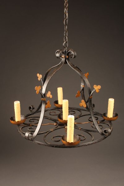 Late 19th century French round wrought iron chandelier with 5 arms and fluer-de-lis