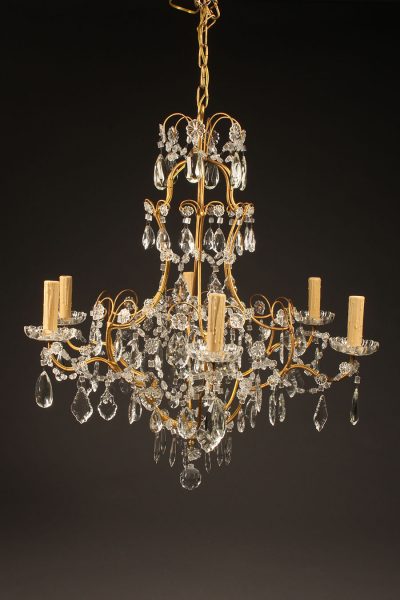 Late 19th century French 6 arm iron and crystal chandelier