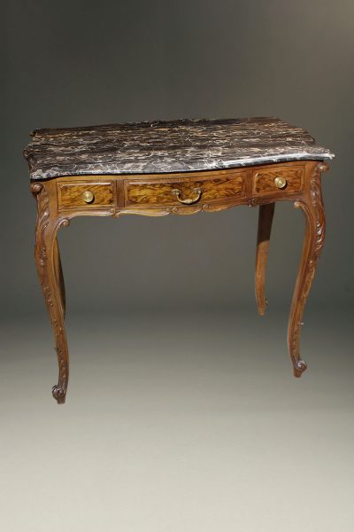 French Louis XV style walnut table with three drawers and beautiful marble top.