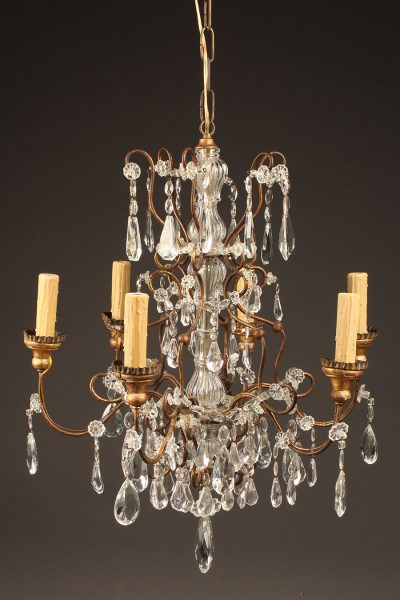 Late 19th century French iron, wood and crystal chandelier with 6 arms