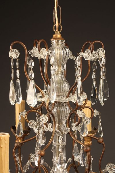 Late 19th century French iron, wood and crystal chandelier with 6 arms