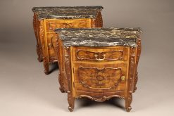 Pair of late 19th century French Louis XV style commodes with burl walnut veneer and black marble top