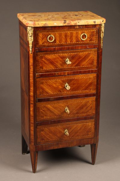 Late 19th century French satin wood tall commode with marble top and brass hardware