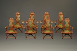 Rare set of 8 French Jacobean armchairs with green leather upholstery