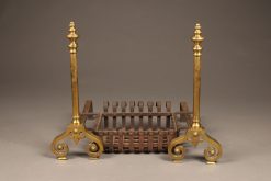 Late 19th century three piece set of brass English andirons with original iron basket